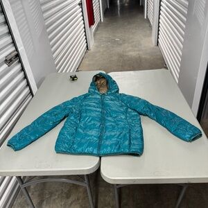 Unqilo Vibrant Blue Puffer Jacket ultra light down full zip fur hood XL